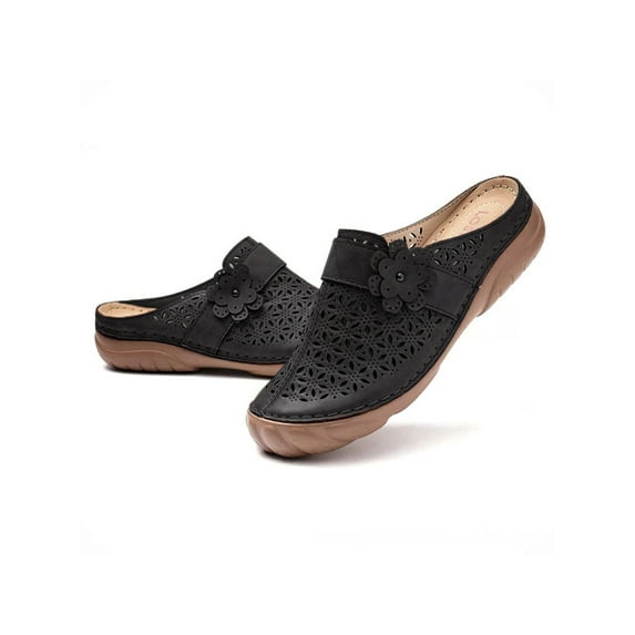 Gomelly Womens PU Leather Walking Mules Shoes Open Back Breathable Slip On Flats 4 Black
