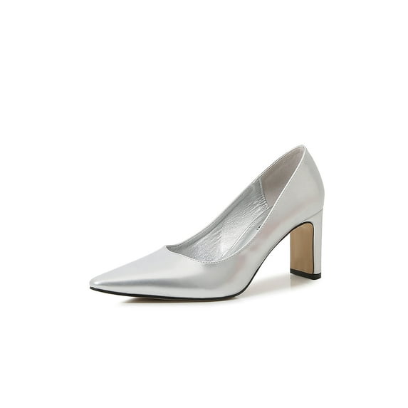 Gomelly Womens Party Fashion Slip On Dress Shoes Casual Comfort Non-slip Heeled Pump Chunky Silver 7