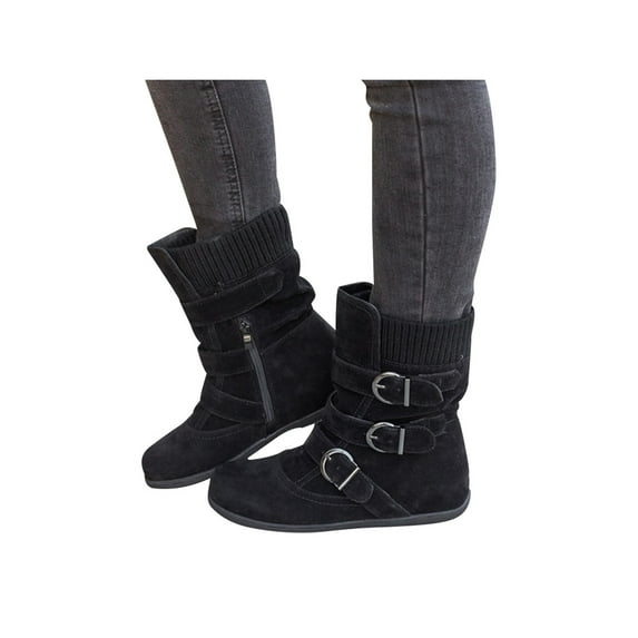 Gomelly Womens Winter Boot Side Zipper Casual Shoes Strap Buckle Mid-Calf Boots Non-slip Walking Work Black 7