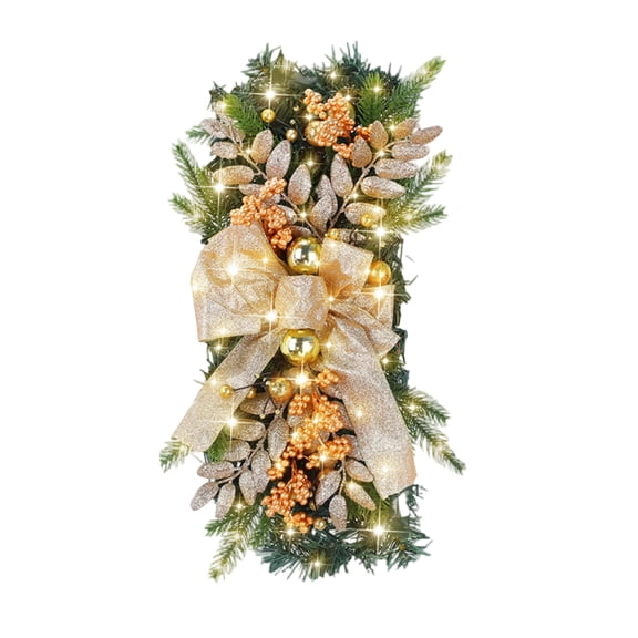 Gomind 18in Prelit Christmas Wreath with LED Lights Green Gold Bow for Staircase Door, Indoor Outdoor Entryway Wall Hanging Decor