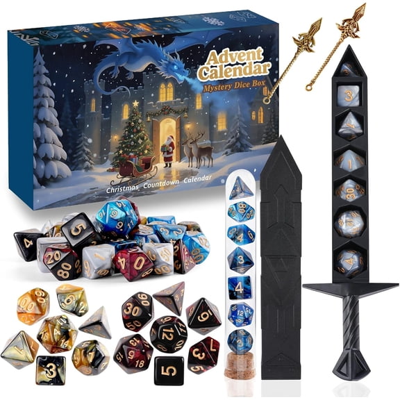 Gomind 24-Day DND Dice Advent Calendar, Polyhedral Dice Set Mystery Box with Sword Display, Tabletop RPG Christmas Gift for Gamers
