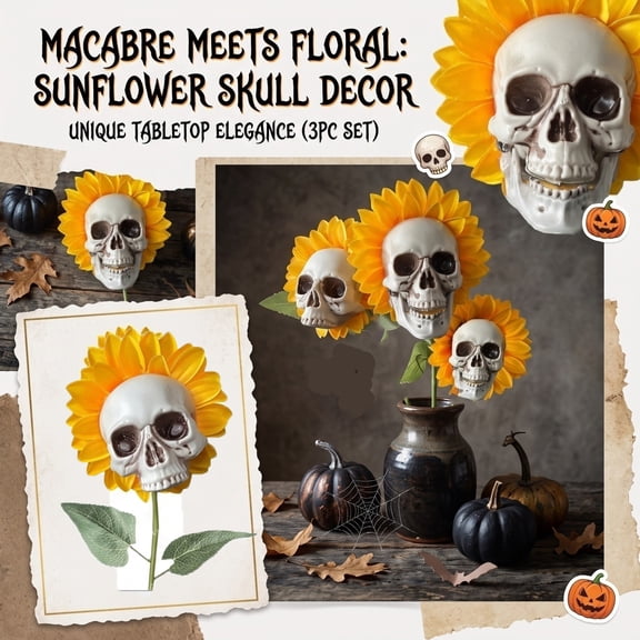 Gomind 3-Pack Halloween Skull Sunflower Picks, Artificial Skeleton Head Floral Stems, Spooky Gothic Autumn Yard Garden Tabletop Decor
