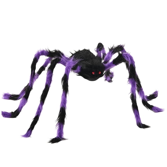 MInHoues Giant Furry Plush Spider Halloween Decor, 35.4 Inch Black Purple Striped Bendable Legs Scary Fake Spider Prop, Indoor Outdoor Yard Patio Haunted House Halloween Party Decoration