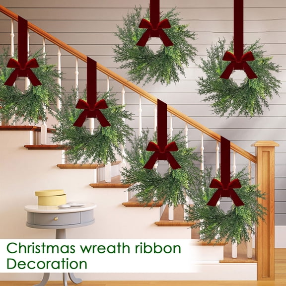 Gomind 6 Pack 13" Artificial Norfolk Pine Mini Christmas Wreaths with Burgundy Velvet Bow & Hanging Ribbon, Small Cabinet Wreath Set for Holiday Home Decor