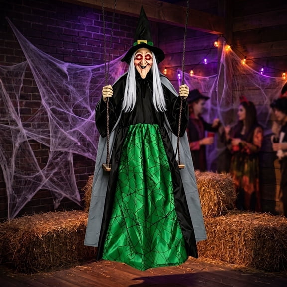 Gomind 70.8" Animated Hanging Wicked Witch on Swing, Light-Up Glowing Eyes & Screaming Sound Prop, Halloween Outdoor Porch Tree Yard Animatronic