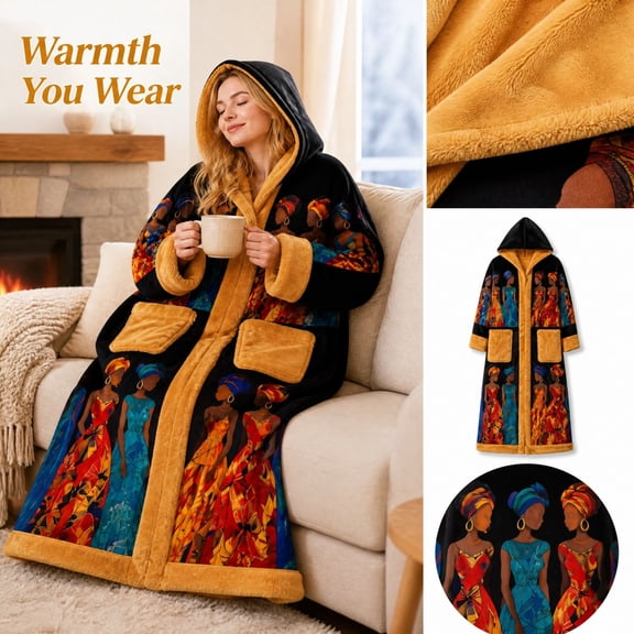 Gomind 70.87in Holiday Heated Blanket, Hooded Wearable Robe with Front Pockets, Multicolor African Print
