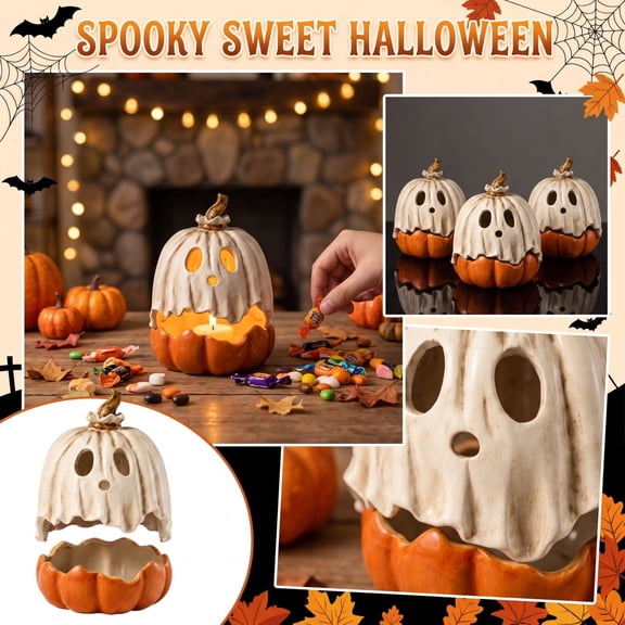 Gomind 9.8" Ceramic Halloween Ghost Pumpkin Candy Jar with Lid, Ghost Sheet Covered Pumpkin Statue, Fall Harvest Tabletop Centerpiece Decor