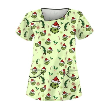 Gomind Christmas Scrub Tops for Women 2024 Gomind Grinch Printed Slope Collar Short Sleeve Tunic Tops Hoilday Workwear Plus Size Xmas Nursing Uniform with Pockets, Army Green S