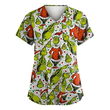 Gomind Christmas Scrub Tops for Women 2024 Gomind Grinch Printed V-Ncek Short Sleeve Tunic Tops Hoilday Workwear Plus Size Xmas Nursing Uniform with Pockets, Beige XXL