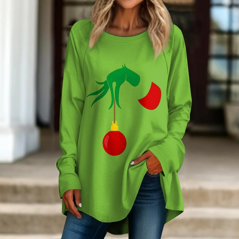 Long Sleeve Womens Green Christmas Shirt Green Novelty Long Sleeve