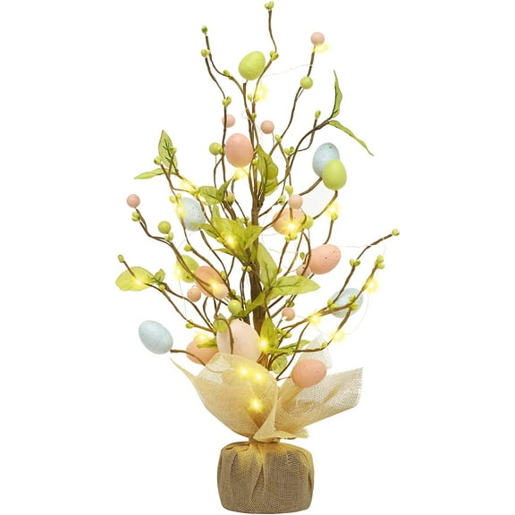 Gomind Easter Decorations, 18 Inch Pre-Lit Easter Egg Tree Tabletop Decor with Delicate Ornaments, for Home Party Wedding Holiday Spring Summer Decoration, Green/Pink/Blue.