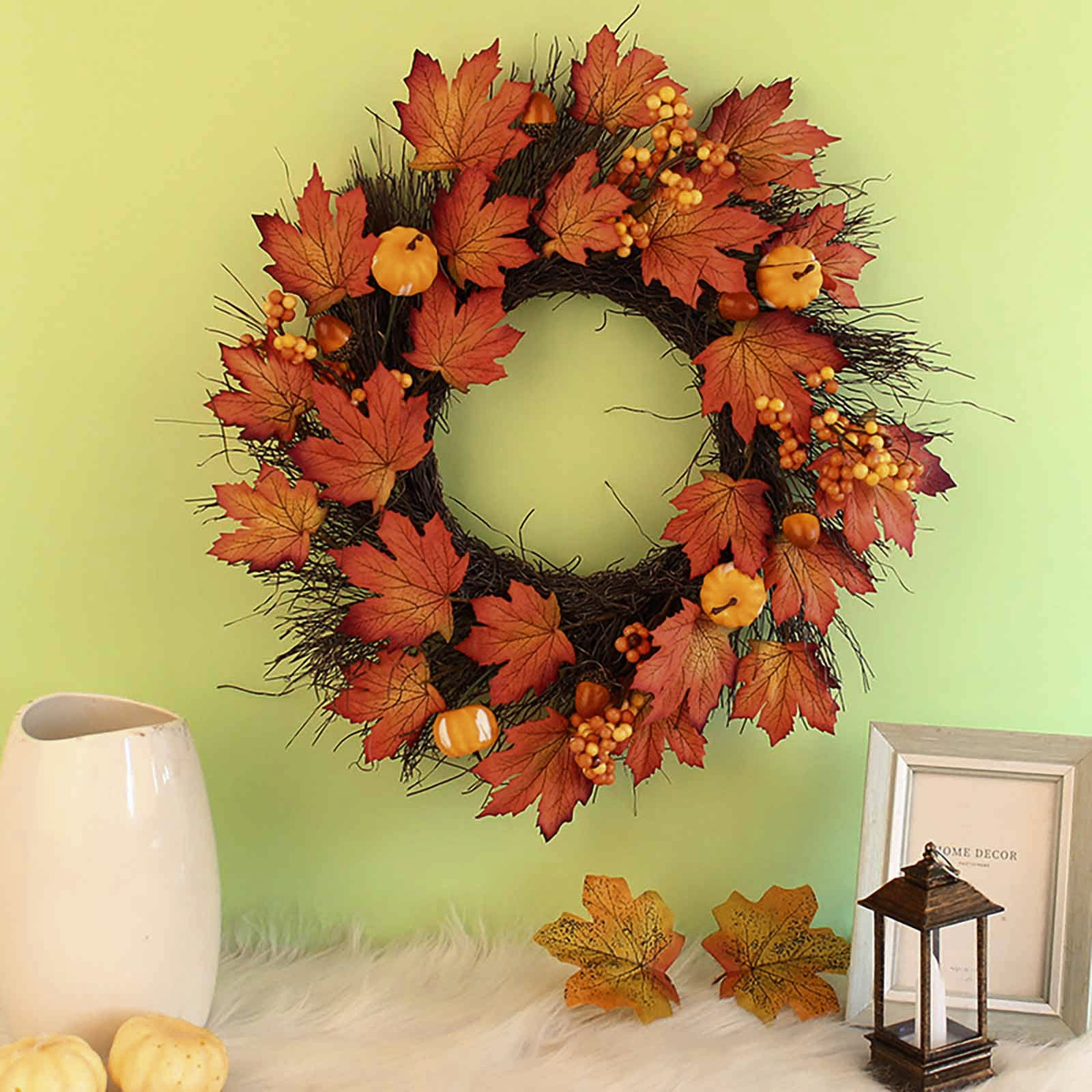 Briful 24 Inch Fall Wreath With Maple Leaves, Red Berries & Pomegranate - Artificial Autumn Door Decor