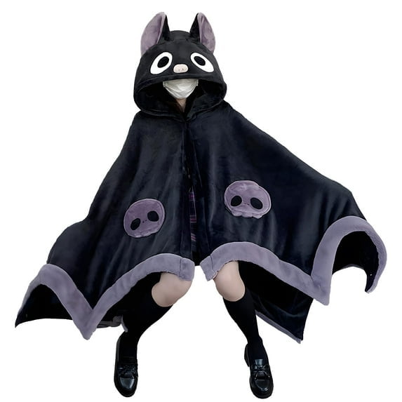 Gomind Halloween Bat Blanket Hoodie Costume , Full Body Soft Fleece Bat Wings Hooded Poncho Coat for Women Dress Up Party, Black, 1 Pack