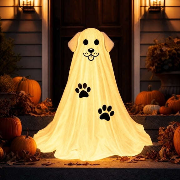Gomind Halloween Light Up Ghost Dog Decor, 26 Inch Pre-Lit Glowing Dog Ghost Statue for Outdoor Porch Yard Step Display, White, 1 Pack