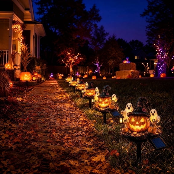 Gomind Halloween Solar Pumpkin Ghost Pathway Light, 16.54 x 11.81 Inch Lighted Witch Pumpkin Garden Stake for Lawn Yard Walkway, Orange, 1 Pack