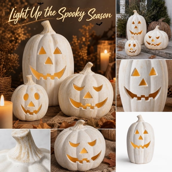 Gomind Lighted White Resin Jack-O'-Lantern Figurine, Farmhouse Distressed Pumpkin Lantern with Carved Face, Halloween Fall Harvest Tabletop Centerpiece