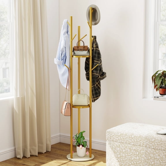 Gomok 12.5" x 66.9" Gold Tree-Shaped Coat Rack with Marble Base, 9-Hook Coat Stand Modern Tree Hat Bag Hanger