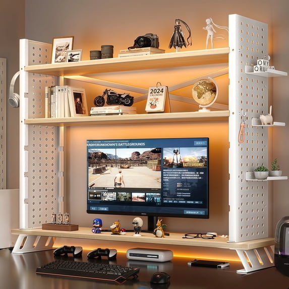 Gomok 2-in-1 Desktop Bookshelf, Adjustable 3-Tier Desk Shelf Bookcase Storage Rack with 3 Trays & 2 Grid Panels, White