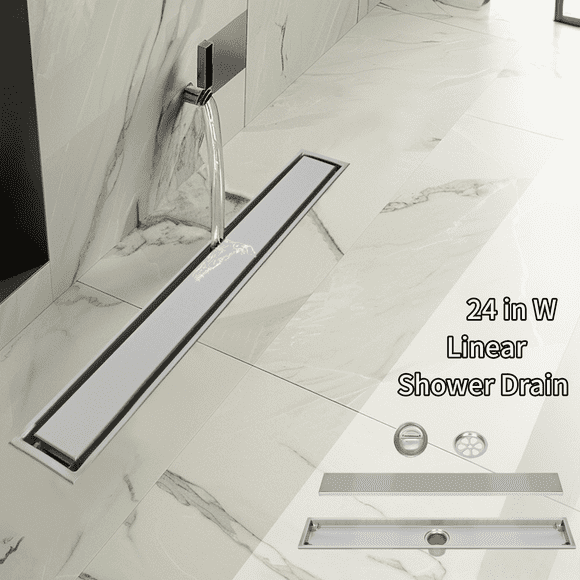 Gomok 24 in. Stainless Steel Linear Shower Drain, Rectangle Shower Floor Drain with 2-in-1 Flat & Tile Insert Cover & Hair Strainer