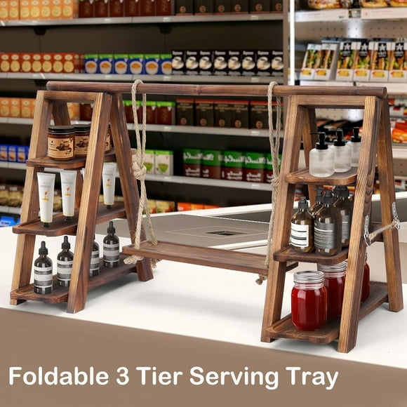Gomok 3 Tier Serving Tray Wooden Cupcake Stand Rustic Foldable Dessert Table Display Set with Removable Trays