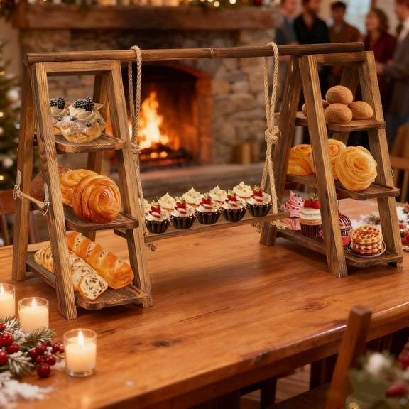 Gomok 3 Tier Serving Tray Wooden Cupcake Stand Rustic Foldable Dessert Table Display Set with Detachable Serving Platters
