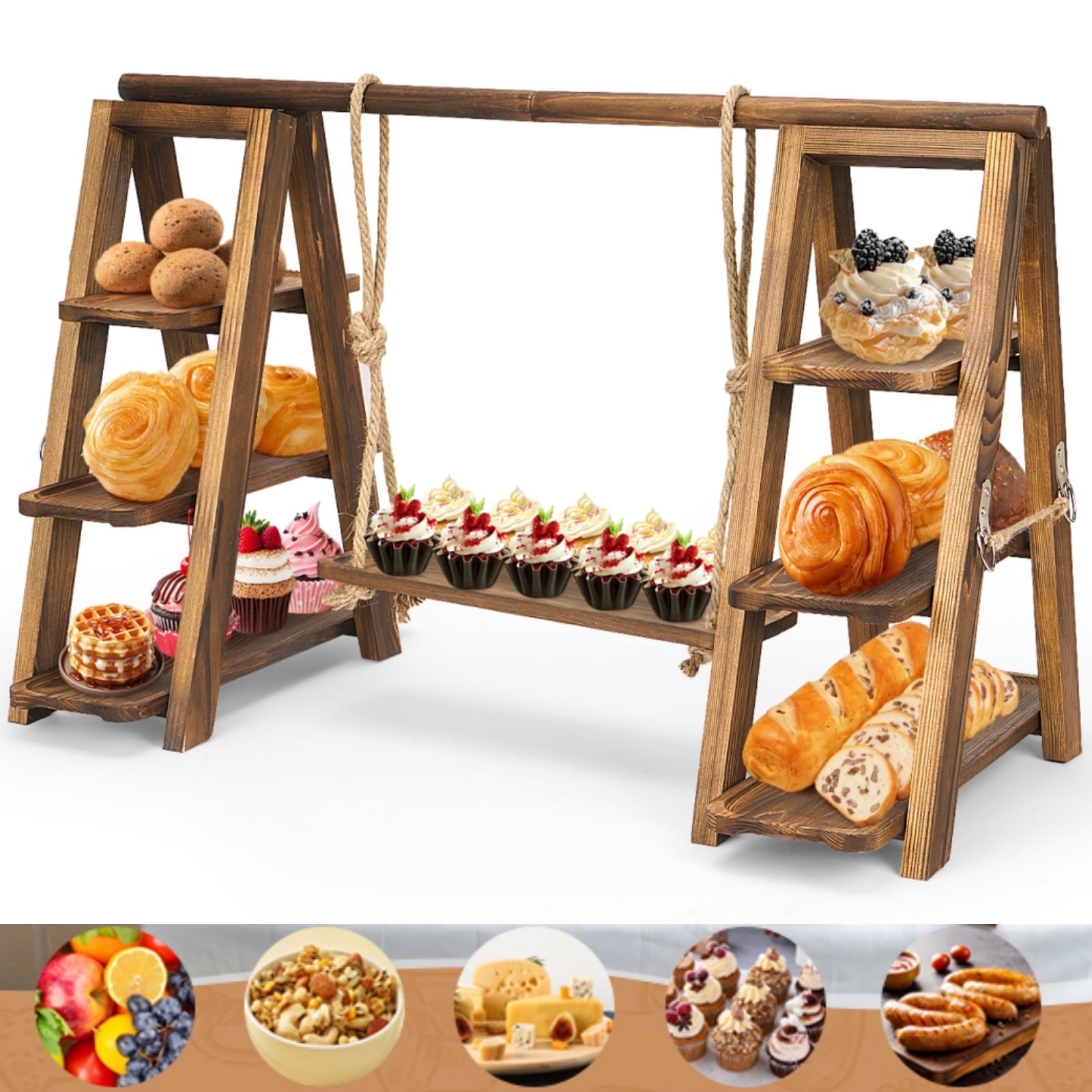 Gomok 3 Tier Serving Tray Wooden Cupcake Stand Rustic Foldable Dessert Table Display Set with Detachable Serving Platters