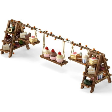 Gomok 3-Tier Wooden Cupcake Stand, Foldable Swing-Shaped Serving Tray with 3 Removable Hanging Trays