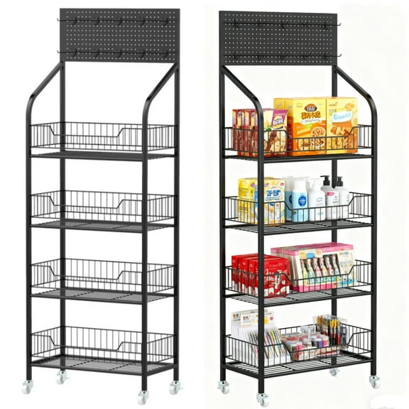 Gomok 4-Tier Retail Display Rack, Storage Organizer Shelf with Wheels, Snack Candy Display Organizer