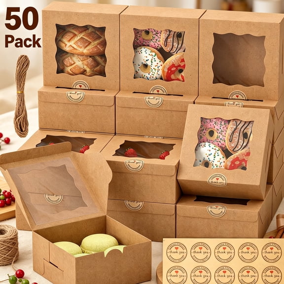 Gomok 50-Pack 6x6x3 Inch Cookie Boxes, Bakery Gift Boxes with Window, Kraft Paperboard Treat Containers w/ Stickers & Twine