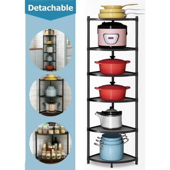 Gomok 6-Tier Detachable Corner Pot Rack, Black Pot and Pan Display Shelf, Cooking Pot Stand for Kitchen