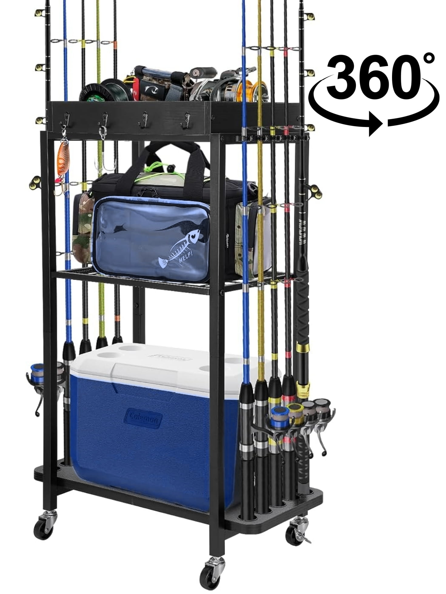 Gomok Fishing Rod Stand with Wheels, Fishing Pole Stand Holds up to 10 Rods, Gifts for Men