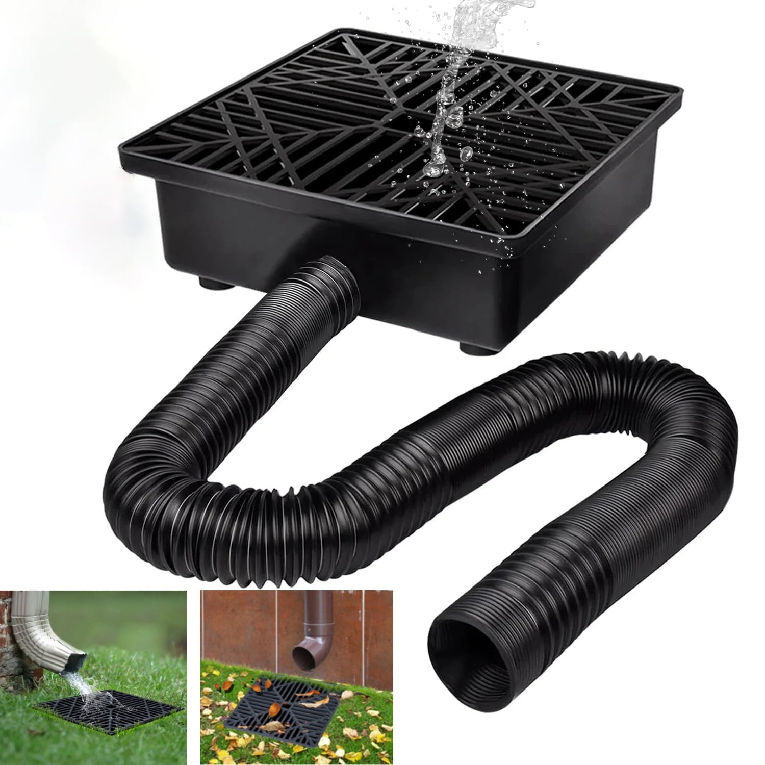 Gomok Square Catch Basin Drain Kit, Catch Basin Downspout, No Deep Dig Required, Pipe Stretched Length 155cm, Black