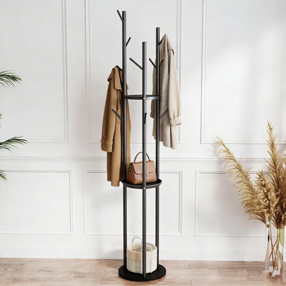 Gomok Coat Rack Stand, 67" Freestanding Coat Rack with 3 Shelves and 9 Hooks, Metal Coat Tree for Coats, Scarves, Handbags, Hat