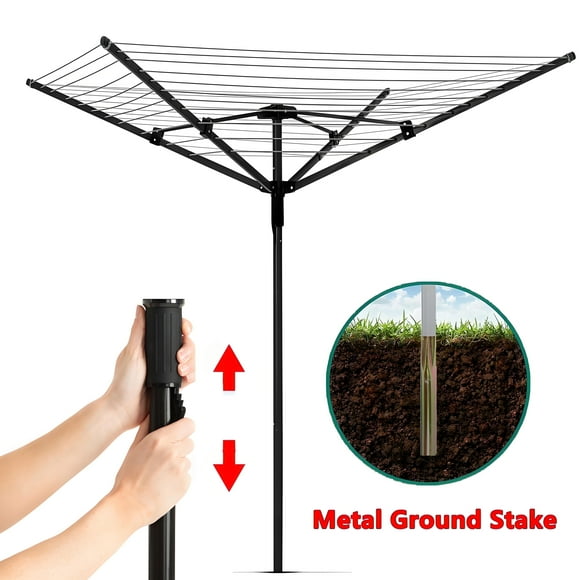 Gomok Umbrella Drying Rack, Rotary Outdoor Dryer Clothes Line 4 Arms with 165ft Clothesline, Black, Metal