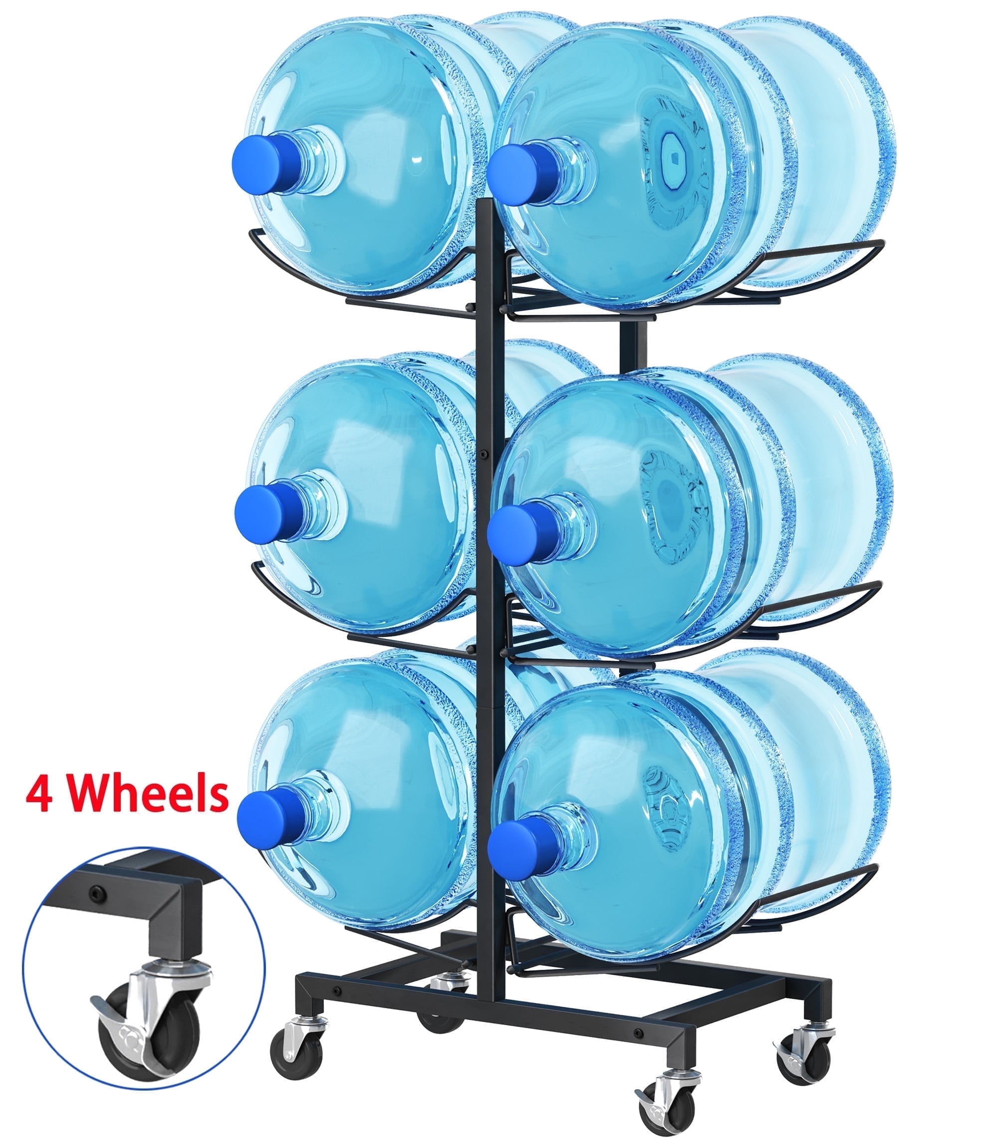 Gomok Foldable Water Jug Rack with Wheels, 3 Tier 6 Bottles 5 Gallon Water Bottle Storage Rack, Black