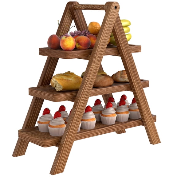 Gomok Wooden 3-Tier Serving Tray, Foldable Cupcake Stand with 3 Rectangle Platters, Decorative Trays for Party, Birthday, Wedding, Brown