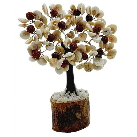 Gomti Chakra Flower with Rudraksha Beads Tree Plant for Goodluck Health Wealth and Prosperity, Chakra Tree, White and Brown (102 Chakra Multicolor)