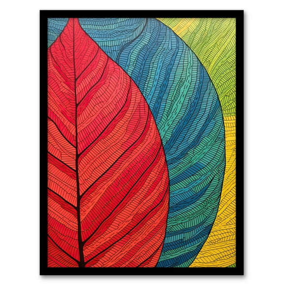 Gond Painting Style Abstract Close Up Leaves Artwork Red Blue Green Line Drawing Stylised Patterns Art Print Framed Poster Wall Decor 12x16 inch