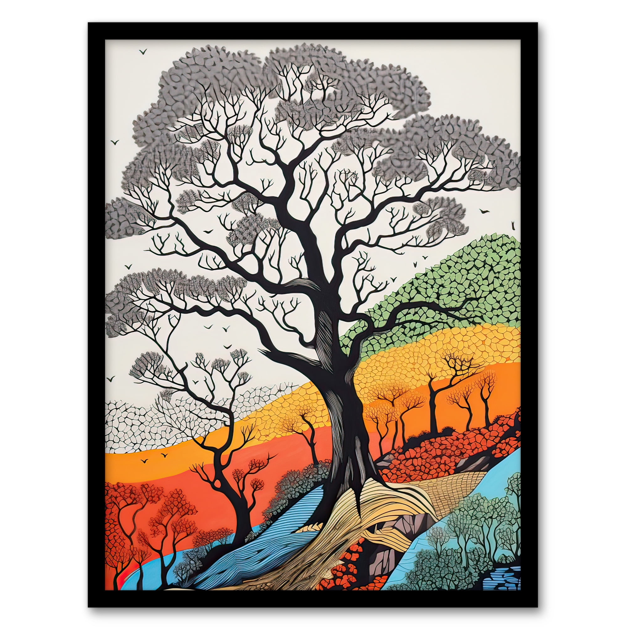Gond Style Yosemite Forest Trees Colourful Painting Artwork Framed Wall ...