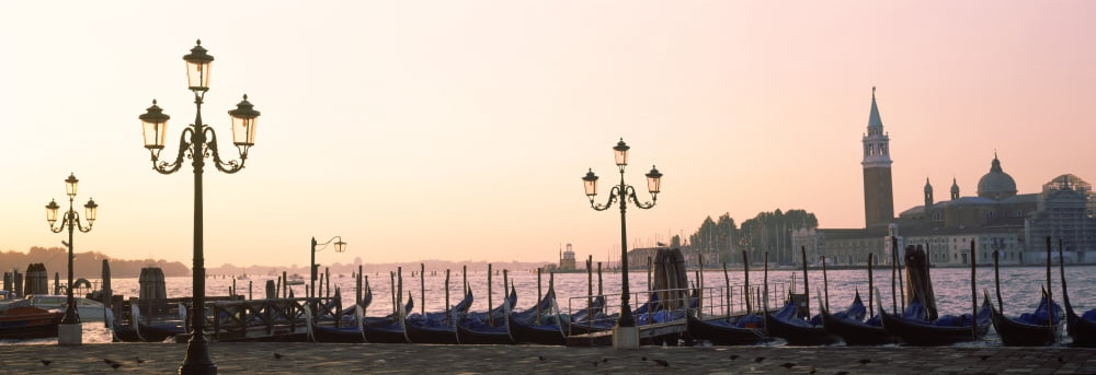 Gondolas in early morning with Church Of San Giorgio Maggiore in the background Riva Degli Schiavoni Venice Veneto Italy Canvas Art - Panoramic Images (27 x 9)