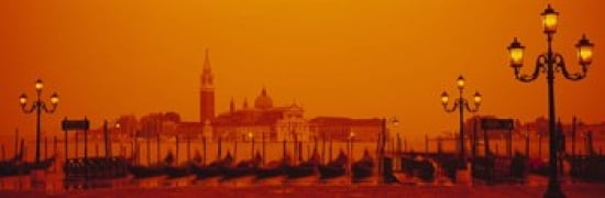 Gondolas moored at a dock San Giorgio Maggiore Venice Italy Canvas Art - Panoramic Images (36 x 12)