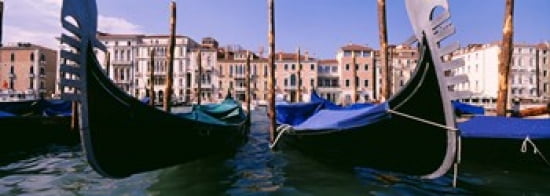 Gondolas moored in a canal Grand Canal Venice Italy Canvas Art - Panoramic Images (36 x 13)
