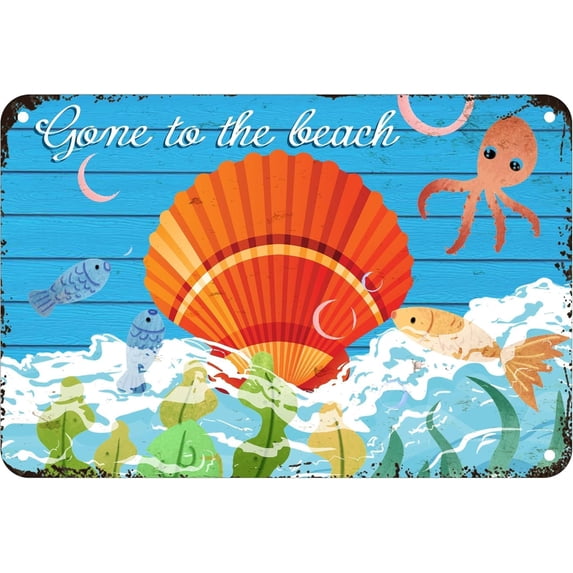 Gone to The Beach Metal Tin Sign Wall Art Decor for Home Decor Gifts Beach House Welcome Sign, Beach Door Sign, Costal Decoration for Home Farmhouse Seaside Cottage 8x12 Inch