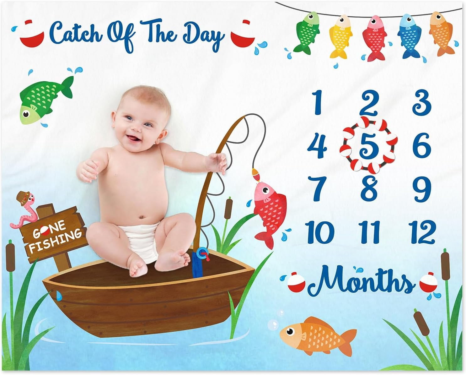 Gone Fishing Baby Monthly Milestone Blanket Little Fisherman Bobber Photo Prop Ideas for Newborn Boy & Girl Nursery Décor (40" X 50")