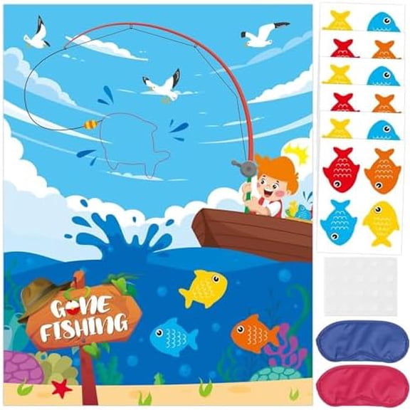 Gone Fishing Birthday Party Game Supplies Pin The Fish on Fishhook Game Large Summer Fishing Poster with 24 PCS Fish Pin the Tail Banner Backdrop for Home Wall Kids Fisherman Gifts Favors Decorations