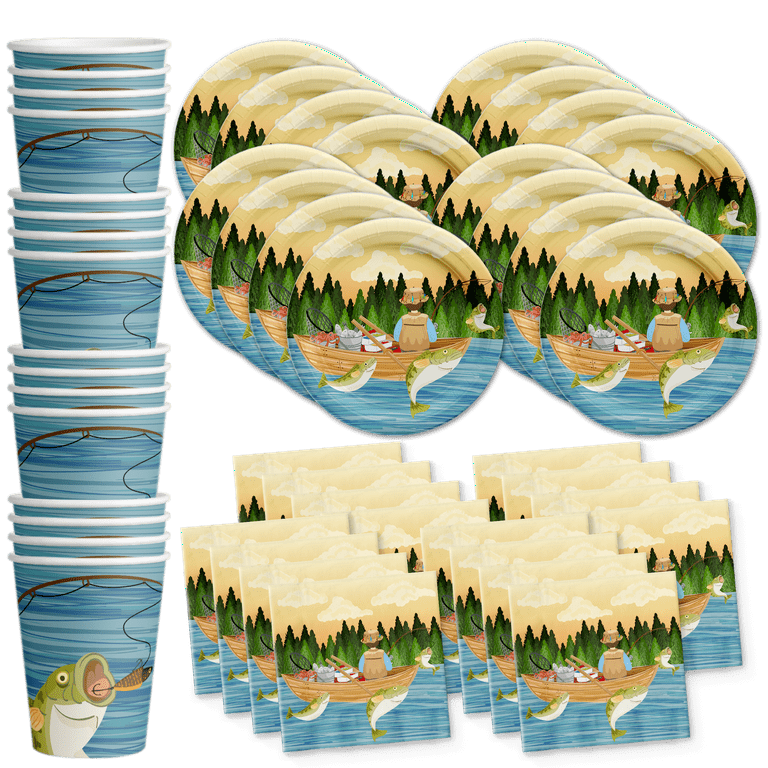 Gone Fishing Birthday Party Supplies Set Plates Napkins Cups Tableware Kit  for 16