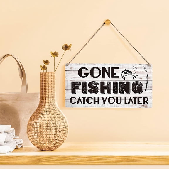 Gone Fishing Catch You Later Sign Funny Farmhouse Wooden Hanging Sign Plaque Rustic Retro Wall Art Decor Home Seaside Kitchen Decoration 12 x 6 Inches