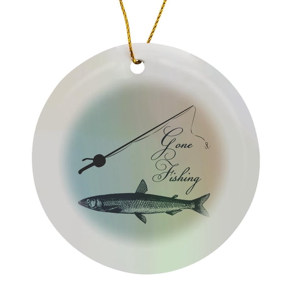 3drose, Gone Fishing Fish with Pole- Beach Theme Art, Circle Porcelain Ornament