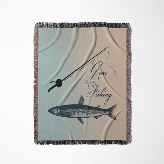 Gone Fishing Fish With Pole- Beach Theme Art, Woven Blanket