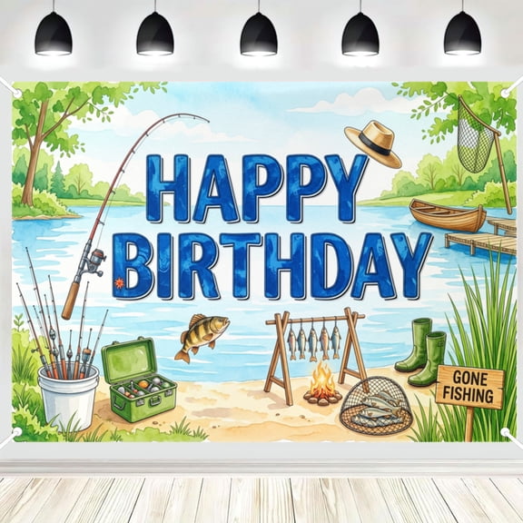 Gone Fishing Happy Birthday Photography Backdrop, Lake Fishing Themed Party Photo Background for Men Birthday Decor 3x5ft